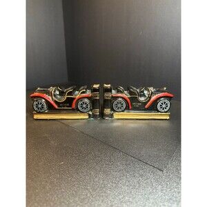 Vintage Japan Ceramic Antique Car Bookends Red Black Gold 6"x3" Pair